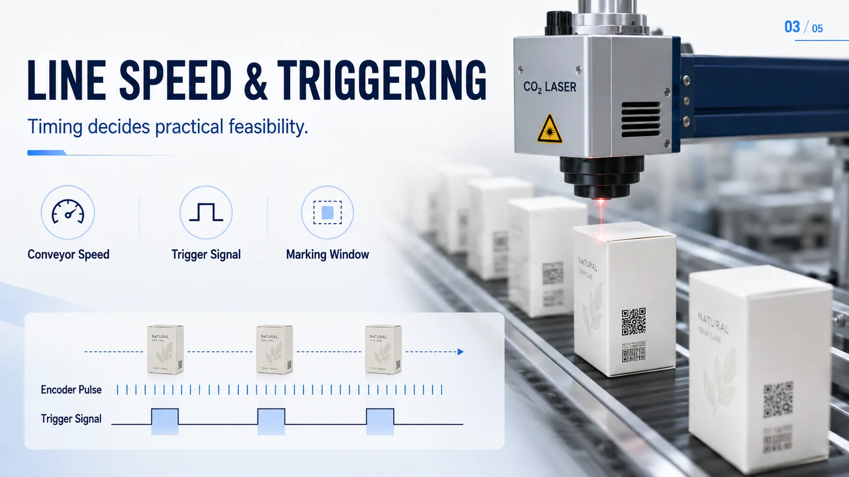CO2 laser marking synchronized with conveyor speed, trigger signal and marking window