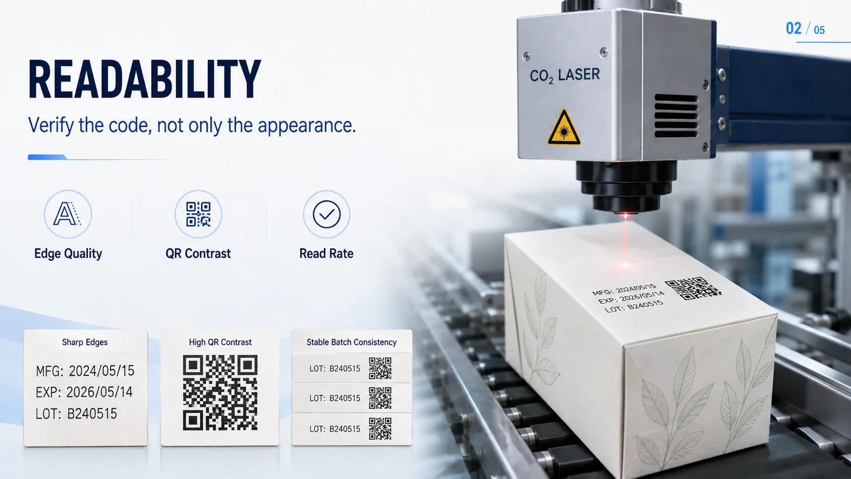 CO2 laser marking readability verification for packaging text and QR codes