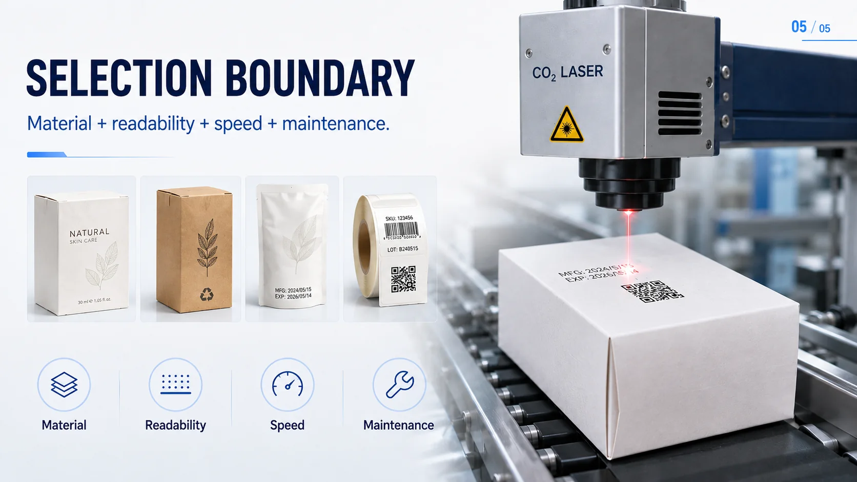 CO2 laser marking selection boundary based on material, readability, speed and maintenance