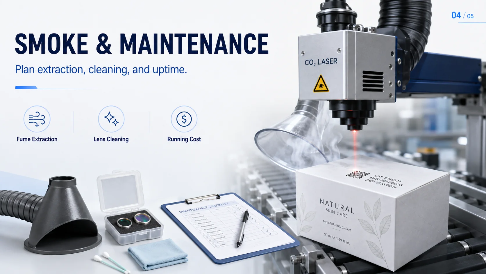 CO2 laser marking fume extraction, lens cleaning and maintenance planning