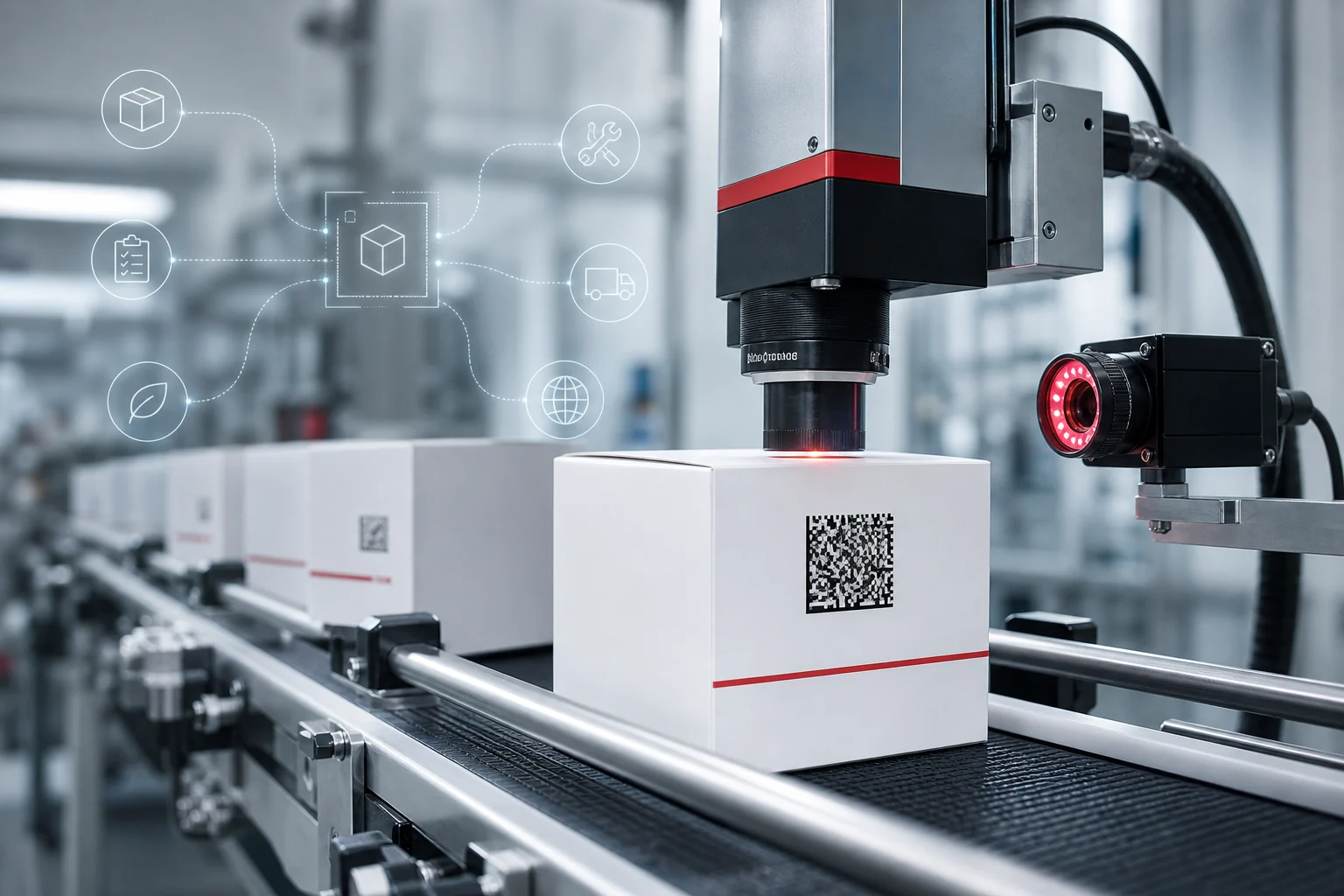 Industrial 2D code marking and vision verification for connected product information
