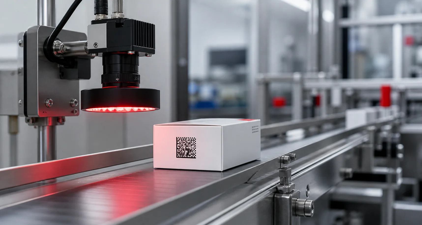 Machine vision camera verifying a 2D code on a carton conveyor