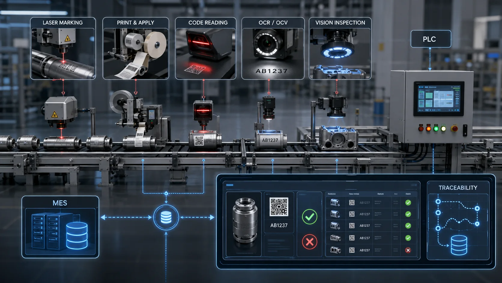 Connected laser marking, labeling, code reading, OCR, vision, PLC and MES layers