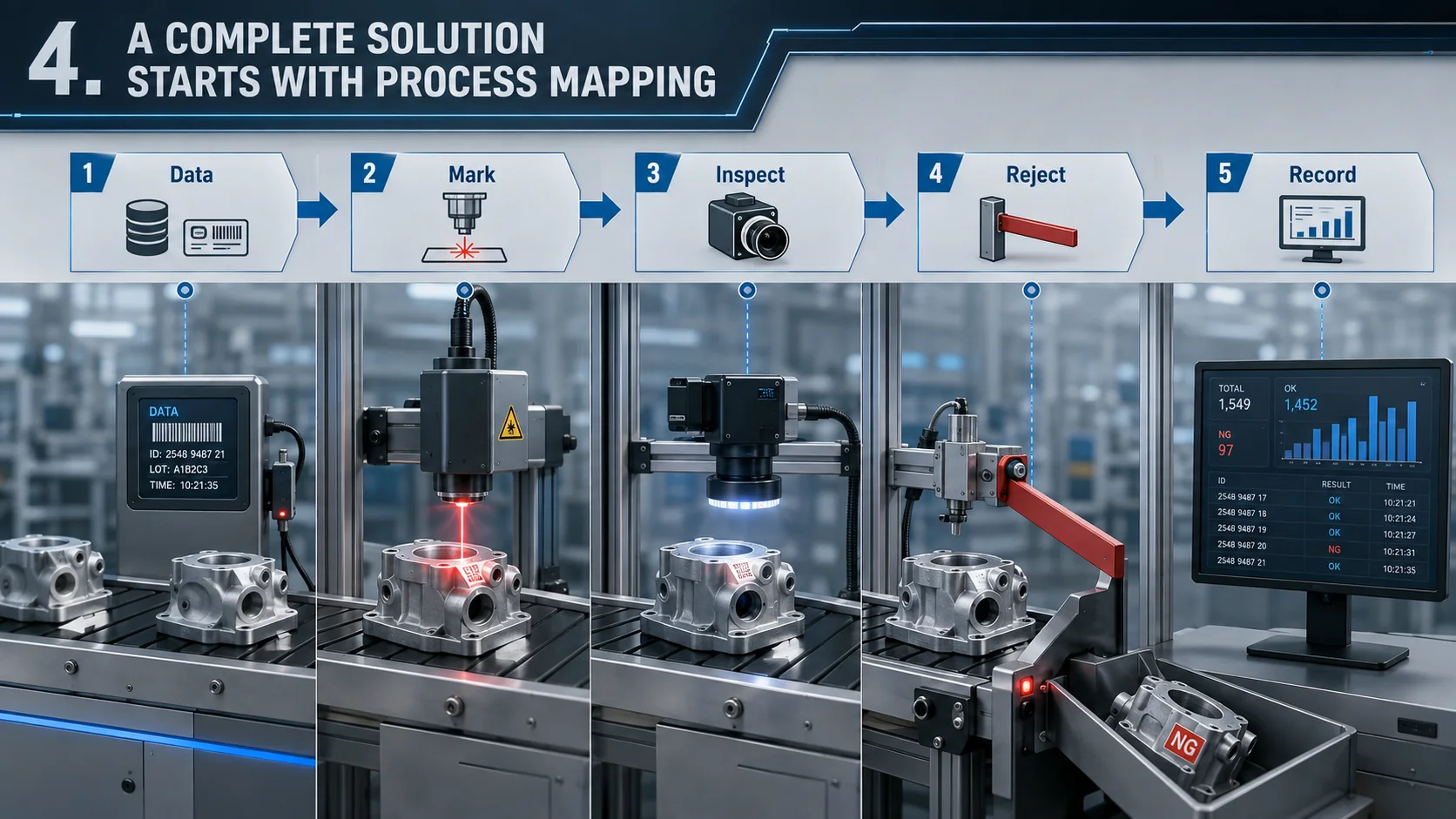 Industrial identification process mapping from data and marking to inspection, rejection and recording
