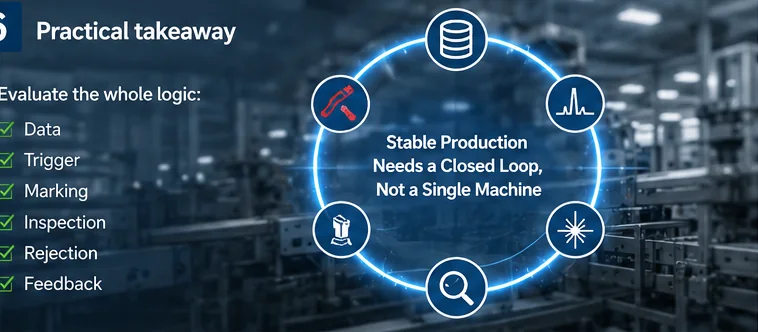 Closed-loop industrial marking system connecting data, trigger, marking, inspection, rejection and feedback