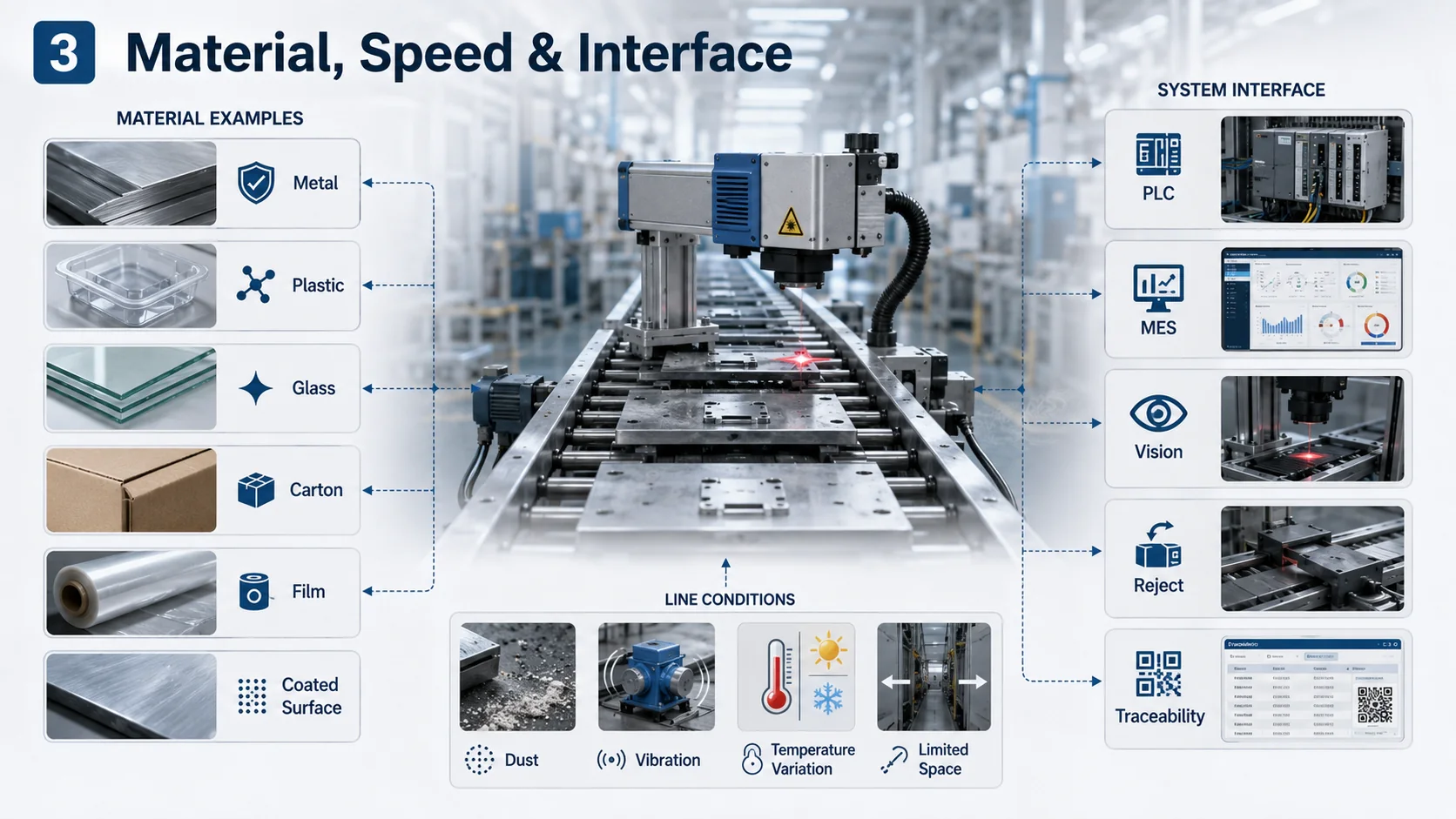 Industrial marking material, line speed, environment and system interface conditions