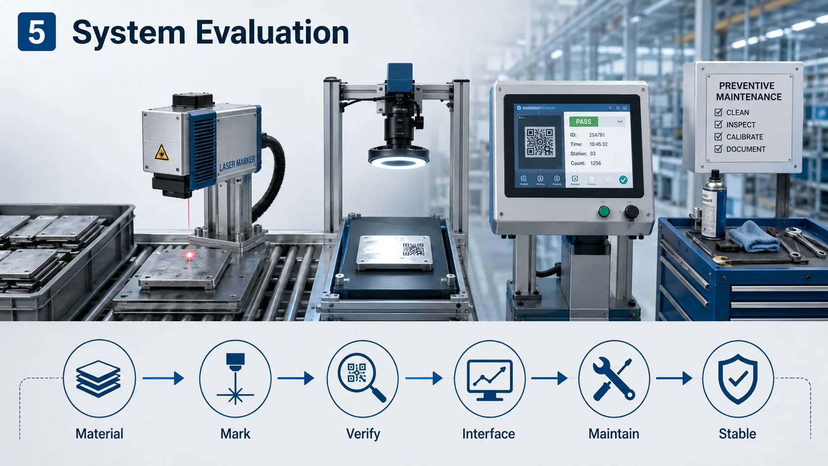 Industrial marking system evaluation from material and marking through verification and maintenance