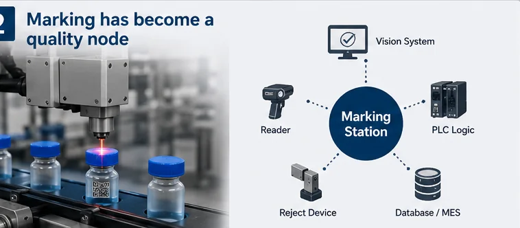 Industrial marking station connected as a quality node to vision, PLC, MES, readers and rejection