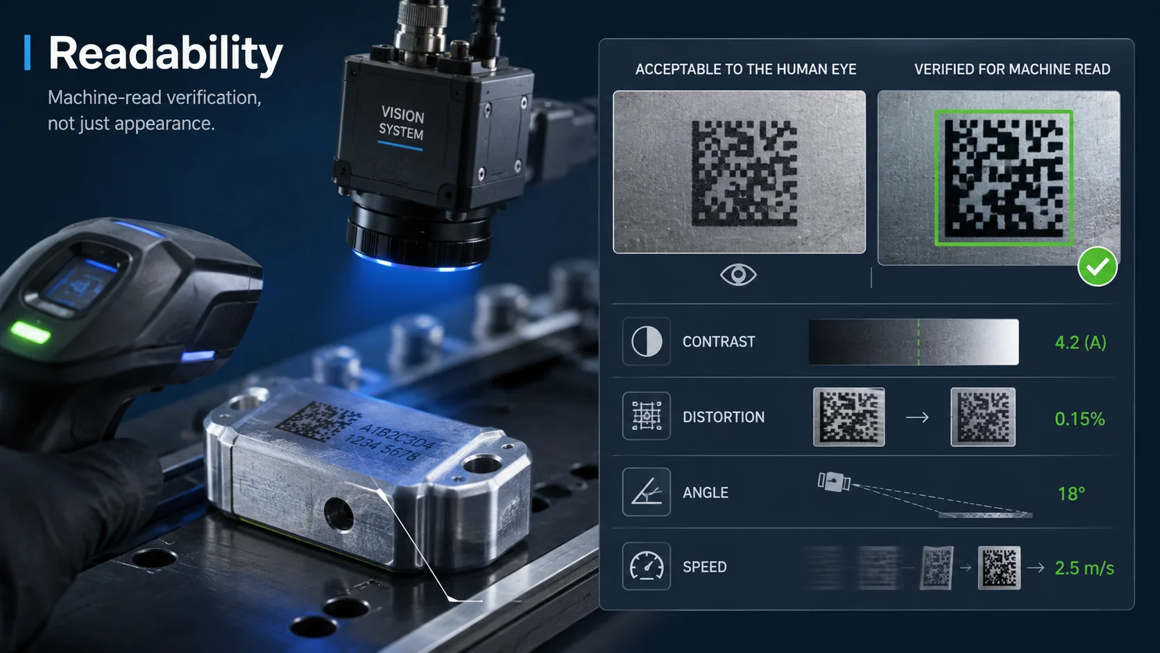 Machine readability verification of laser-marked codes for contrast, distortion, angle and speed