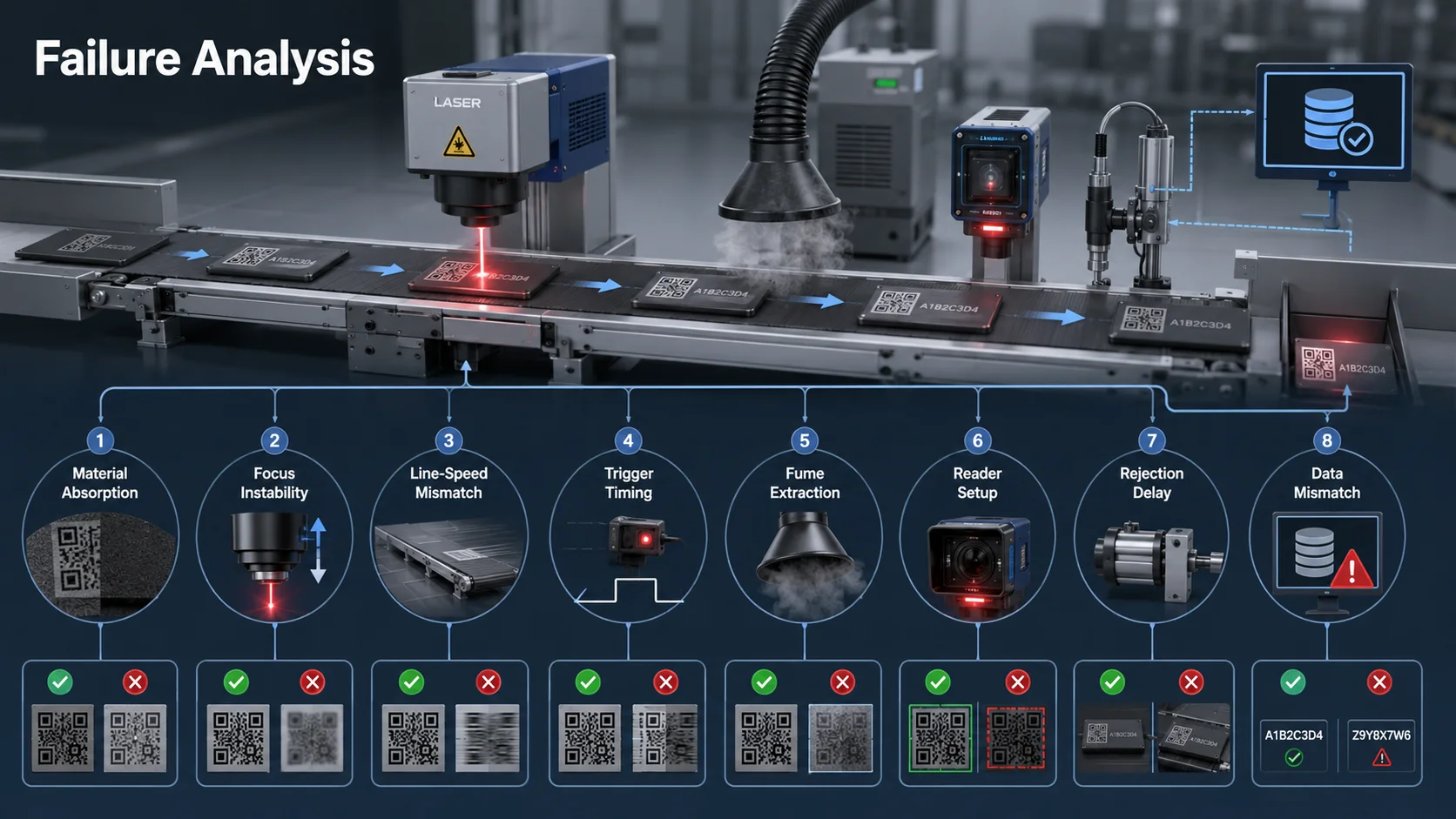 Laser marking production failure analysis across material, focus, speed, timing, extraction, reading and data
