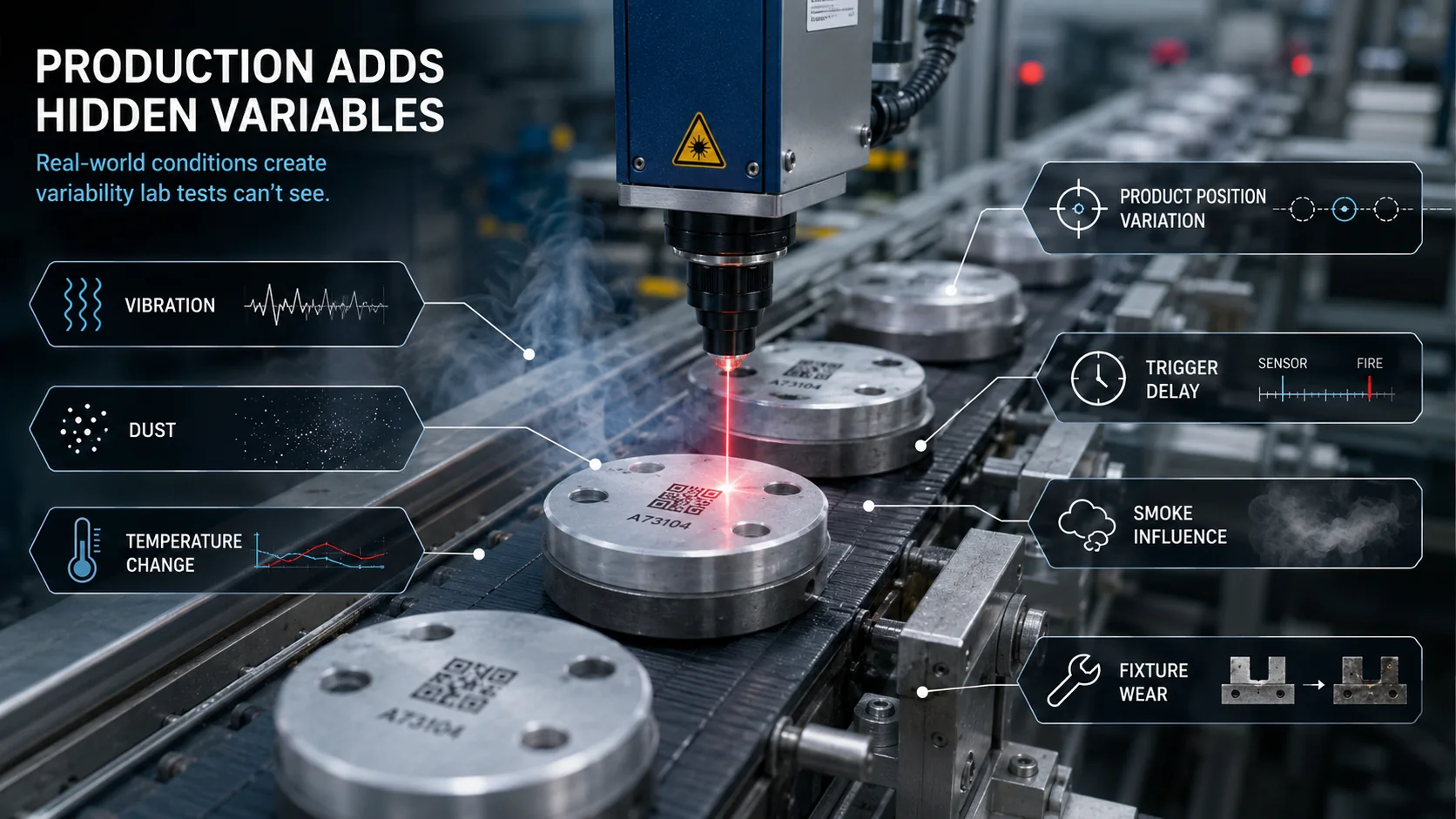 Laser marking production variables including vibration, dust, temperature, timing, smoke and fixture wear