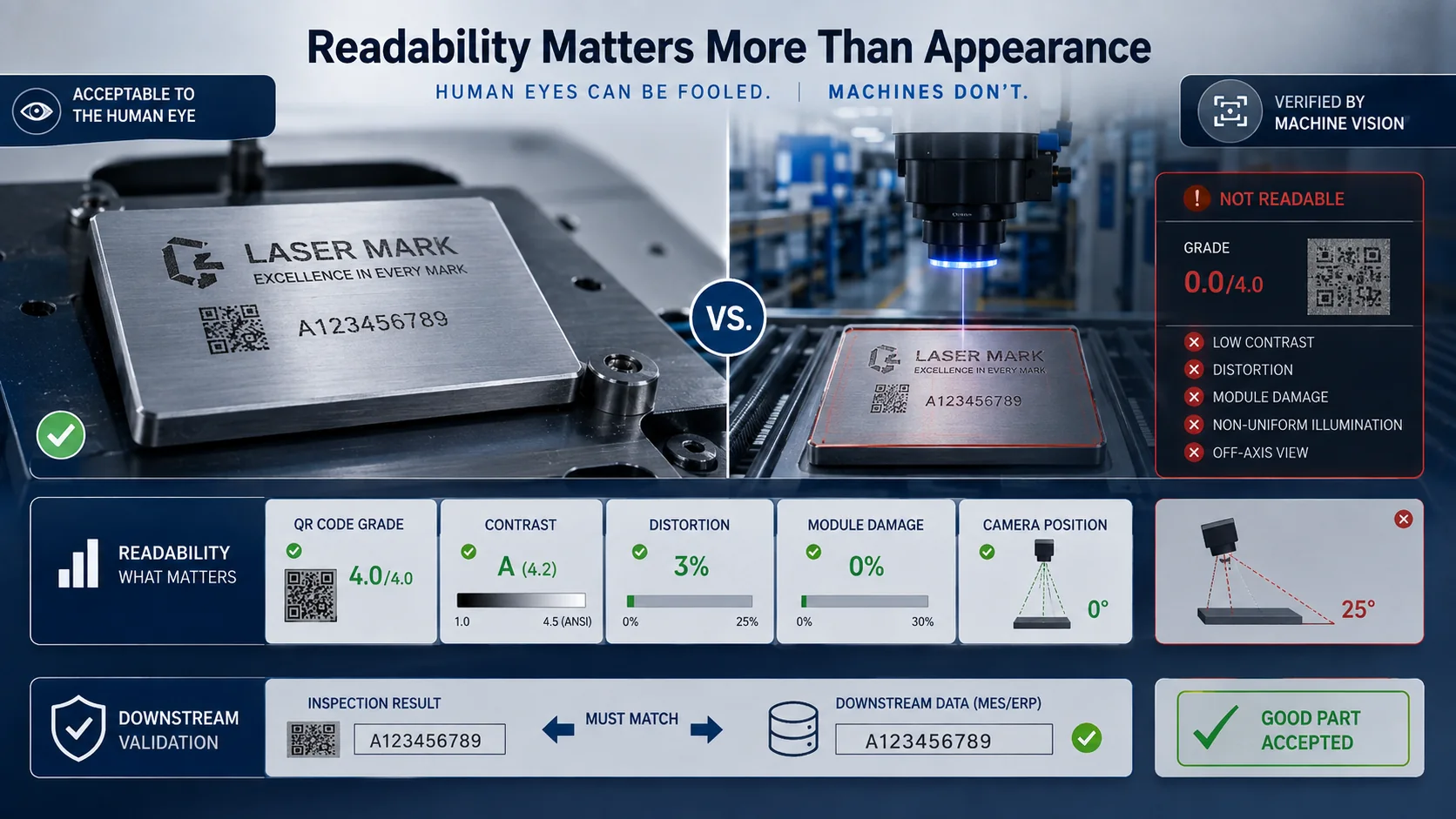 Laser marking readability verification by machine vision beyond human visual appearance