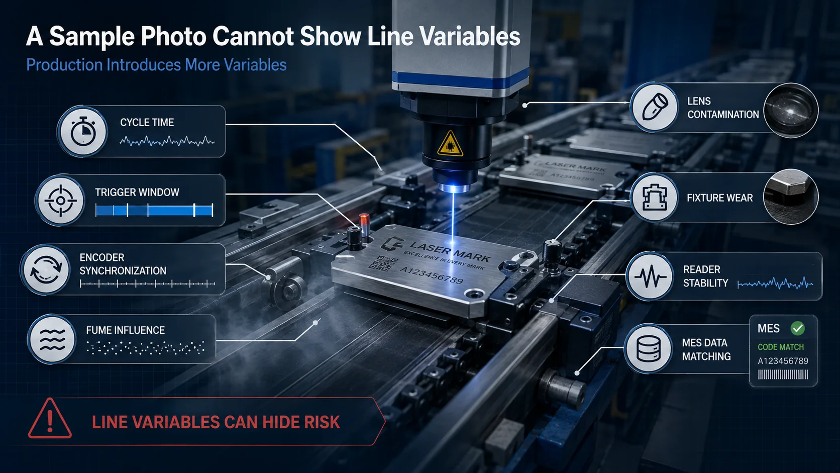Laser marking production variables hidden by a sample photo including timing, contamination and MES matching