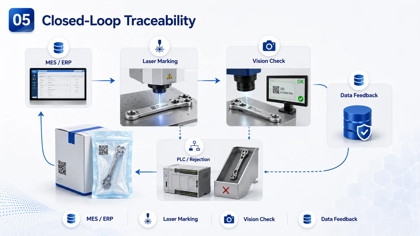 Closed-loop medical device traceability with MES, laser marking, vision inspection and data feedback