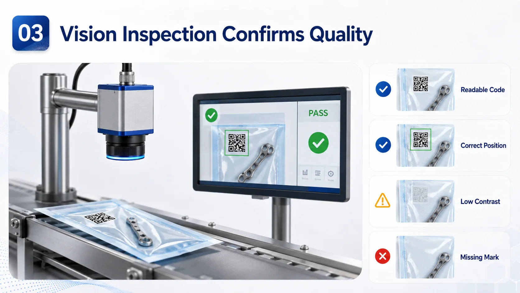 Vision inspection verifying medical device traceability code readability, position and contrast