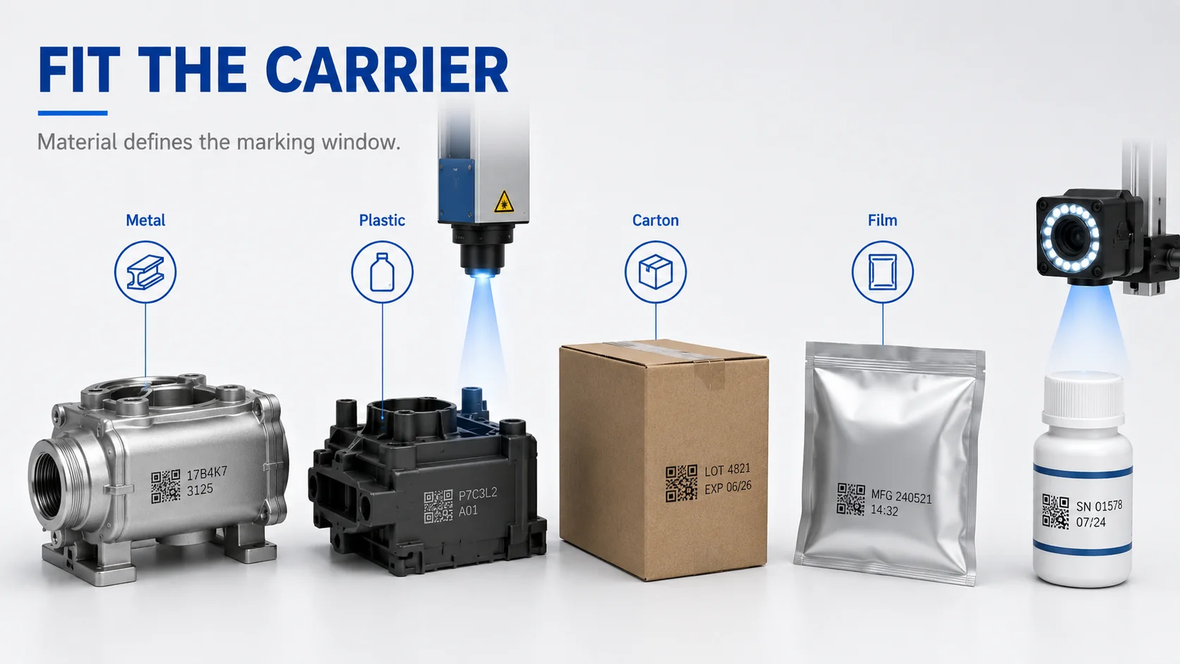 One-item-one-code marking adapted to metal, plastic, carton and film carriers