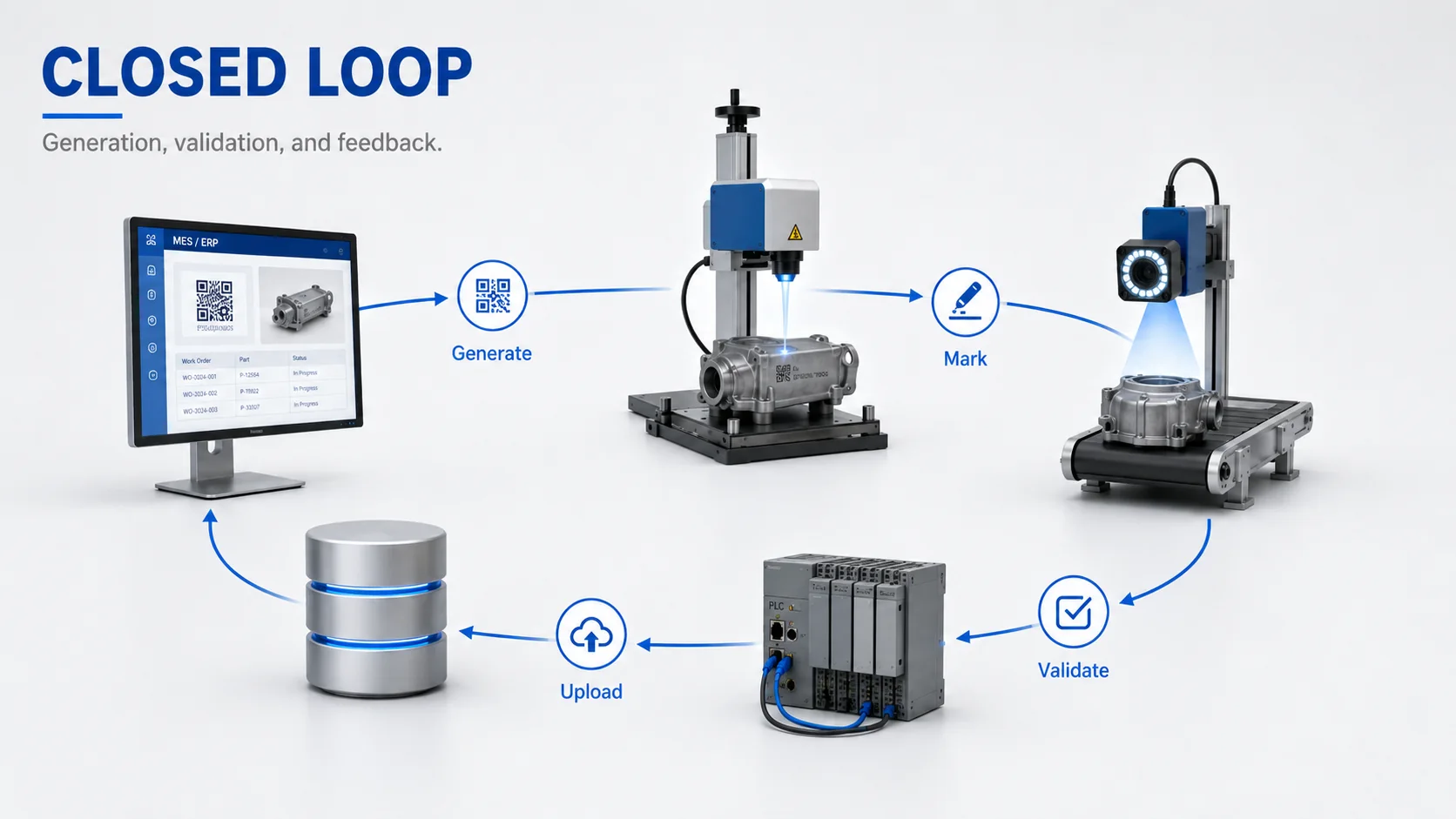 Closed-loop one-item-one-code workflow for generation, marking, validation and feedback