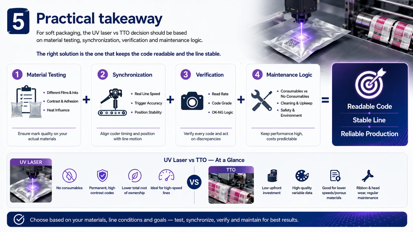 UV laser versus TTO soft packaging practical selection based on testing, synchronization and maintenance