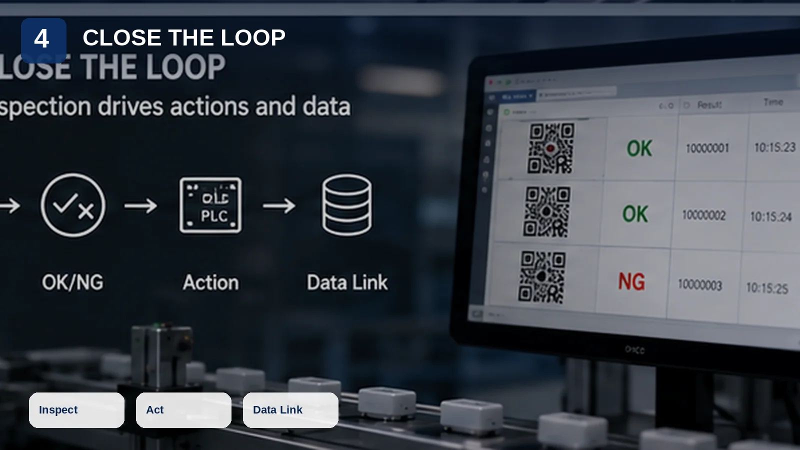 Closed-loop vision inspection linking OK and NG decisions to PLC actions and production data