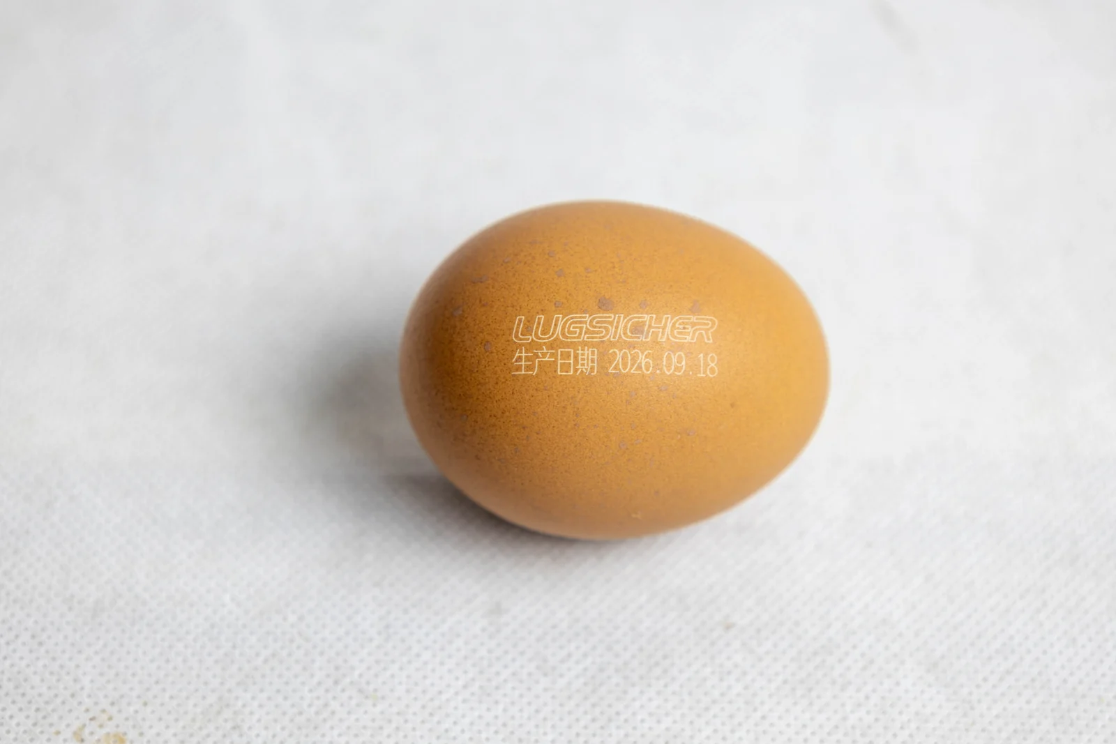 Lugsicher logo and production date laser marked on a brown egg